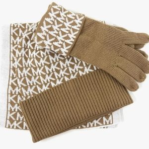 3 piece Michael Kors Women's Circle Logo Scarf, Hat, Glove Set, Camel/Cr…
